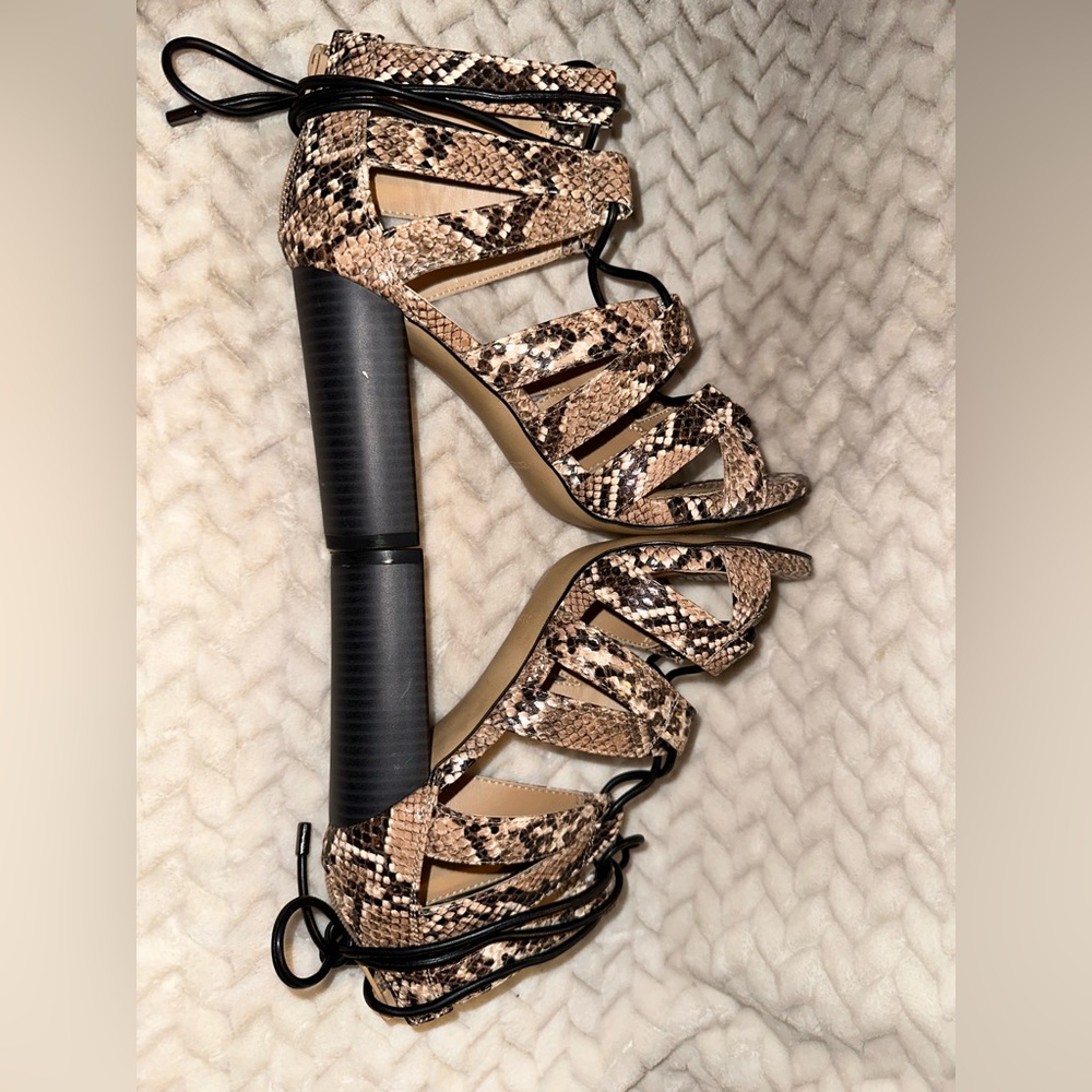 Express Snakeskin Pattern Lace Up Block Heels - image 3